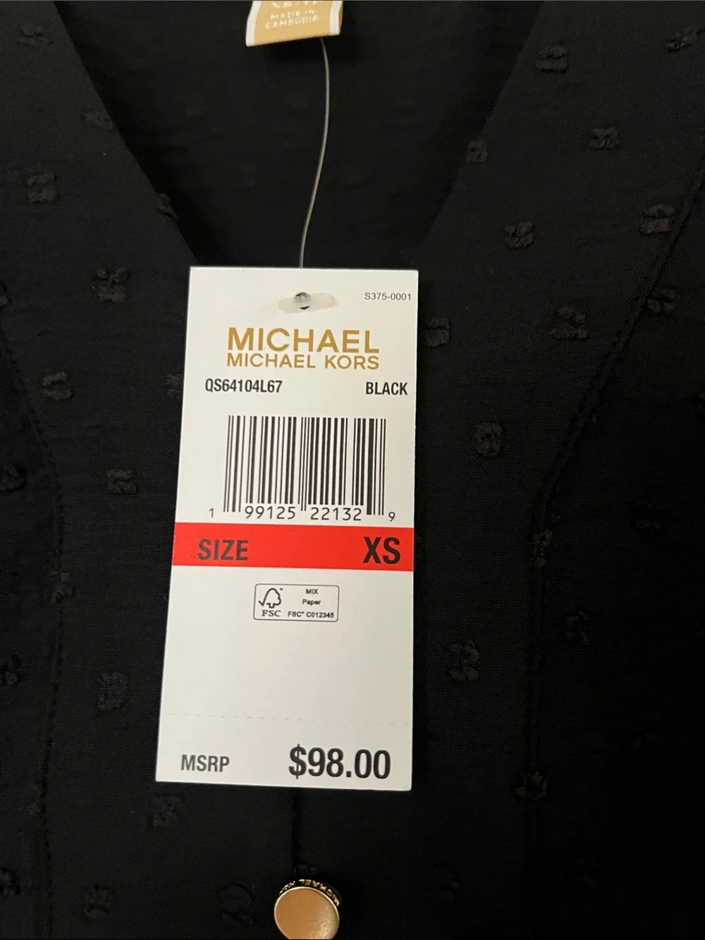 Michael Kors  Black V-Neck Dot Textured Button Front Top